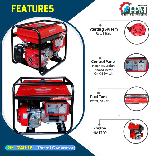 2.1 KVA Portable Generator,Petrol Run,Model GE-2400P, Recoil Start